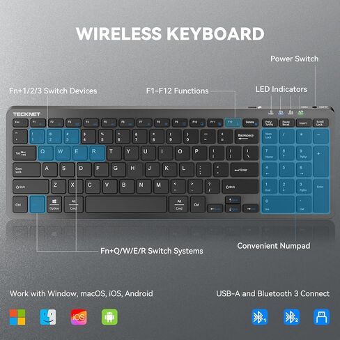 TECKNET Rechargeable Bluetooth Slim Wireless Keyboards - USB+BT Compact Keyboard with Number Pad, Multi Devices Easy Switch, Low Profile Flat Keyboards for Laptop, Computer, MacBook, Mac, Windows in Saudi Arabia