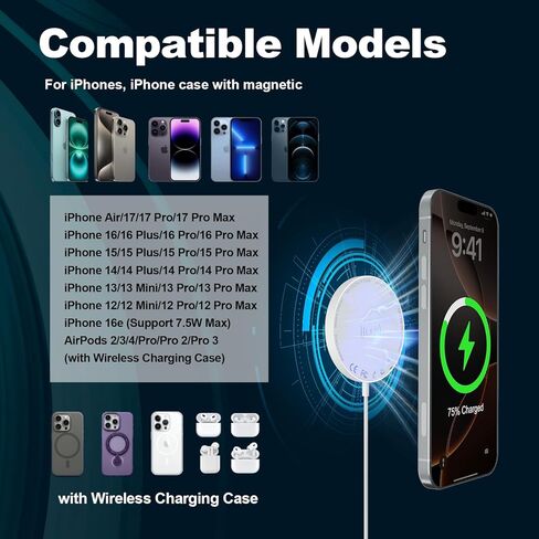 [Apple MFi Certified] Apple MagSafe Charger 15W Magnetic Wireless Charger iPhone Wireless Charging Pad 6ft Magnetic Charger for iPhone 17 16 15 14 13 12 11 Pro Max Plus/AirPods 2 3 4 Pro 2 3 [2 Pack] in Saudi Arabia