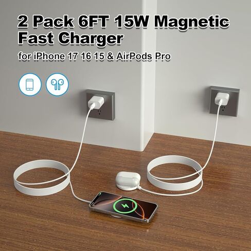 [Apple MFi Certified] Apple MagSafe Charger 15W Magnetic Wireless Charger iPhone Wireless Charging Pad 6ft Magnetic Charger for iPhone 17 16 15 14 13 12 11 Pro Max Plus/AirPods 2 3 4 Pro 2 3 [2 Pack] in Saudi Arabia