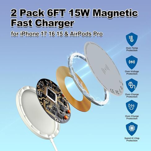 [Apple MFi Certified] Apple MagSafe Charger 15W Magnetic Wireless Charger iPhone Wireless Charging Pad 6ft Magnetic Charger for iPhone 17 16 15 14 13 12 11 Pro Max Plus/AirPods 2 3 4 Pro 2 3 [2 Pack] in Saudi Arabia