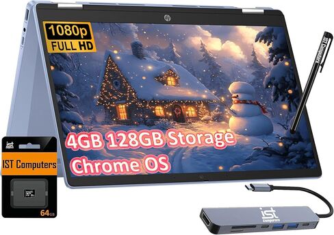 كمبيوتر محمول HP Chromebook X360 14b 2 في 1 (شاشة لمس FHD مقاس 14 بوصة، Intel N100، ذاكرة الوصول العشوائي 4 جيجابايت، تخزين 128 جيجابايت (64 جيجابايت eMMC + بطاقة SD 64 جيجابايت)) المنزل والطلاب، عمر بطارية طويل، Wi-Fi 6، كاميرا ويب، قلم ومحور IST، نظام ت in Kuwait