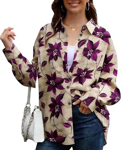 قمصان Dressmine النسائية ذات طباعة الفهد وأكمام طويلة وأزرار سفلية، بلوزة عمل بياقة كبيرة الحجم وقميص زهري in Kuwait