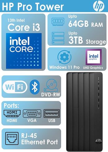 HP Pro Desktop Tower، وحدة المعالجة المركزية Intel Core الثالثة عشرة فائقة السرعة (رباعية النوى، Turbo-Boost 4.5 جيجا هرتز)، ذاكرة الوصول العشوائي 20 جيجابايت، تخزين 1.50 تيرابايت، Wi-Fi، Bluetooth، HDMI، VGA، RJ-45، لوحة المفاتيح والماوس، Wins 11، Office in Saudi Arabia