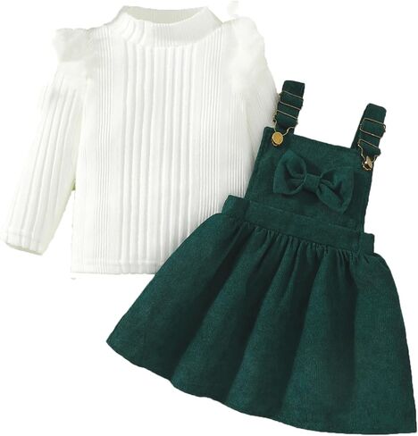 Toddler Baby Girl Clothes Long Sleeve Knit Ribbed Tops Bowknot Corduroy Suspender Skirt Dress Outfits in Saudi Arabia