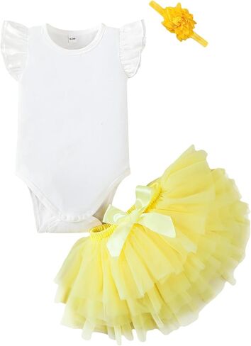 LYSMuch Baby Girls Outfit Set Tutu Skirt with Diaper Cover Ruffle Sleeve Bodysuit Flower Headband (Yellow,18-24 Months) in Saudi Arabia