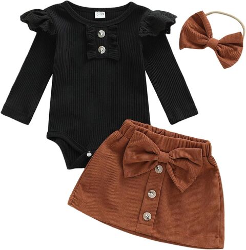 Honganda 3Pcs Infant Baby Girl Skirt Outfit Set Long Sleeve Ruffle Knit Ribbed Romper with Mini Corduroy Skirt with Headband in Saudi Arabia