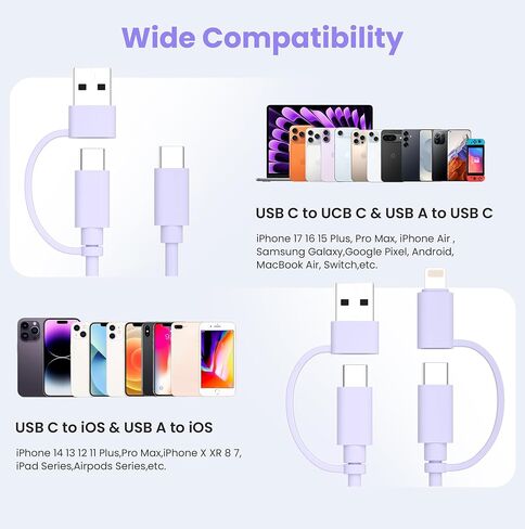محول Elebase USB إلى USB C 4 حزم وكابل شاحن متعدد 4 في 1 بطول 6.6 أقدام، محول من النوع C لهاتف iPhone 17 الجديد Apple 16 Pro Max 15 14 Plus، iWatch Watch 11 10 Se Ultra 3، AirPods 4، Samsung Galaxy S25 in Saudi Arabia