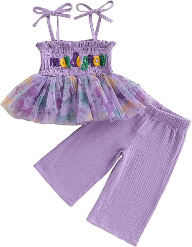 Kayotuas Toddler Girl Carnival Smocked Outfit Strap Tank Top Dress Pants Kid Girls Festival Party Clothes Fat Tuesday Outfits in Saudi Arabia