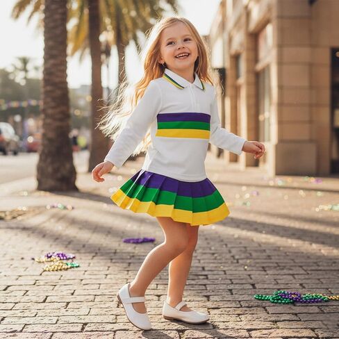 طقم ملابس مخططة بأكمام طويلة للفتيات الصغيرات من Mardi Gras، قميص بولو وتنورة مطوية، باللون الأرجواني والأخضر الذهبي in Kuwait