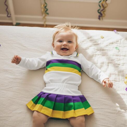 طقم ملابس مخططة بأكمام طويلة للفتيات الصغيرات من Mardi Gras، قميص بولو وتنورة مطوية، باللون الأرجواني والأخضر الذهبي in Kuwait