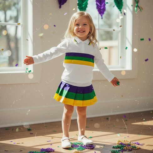 طقم ملابس مخططة بأكمام طويلة للفتيات الصغيرات من Mardi Gras، قميص بولو وتنورة مطوية، باللون الأرجواني والأخضر الذهبي in Kuwait