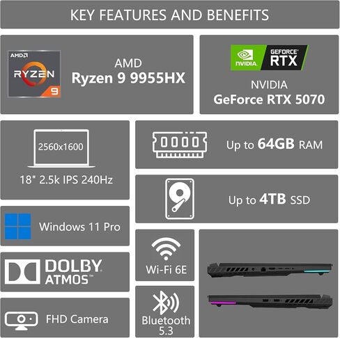 ASUS ROG Strix G18 G814 Gaming Laptop | 18" 2560x1600 240Hz 100% DCI-P3 | AMD 16-core Ryzen 9 9955HX (>i9-14900HX) | 32GB DDR5 4TB SSD | GeForce RTX 5070 | RGB Backlit Wi-Fi6E Win11 w/DLCA Accessory in Kuwait