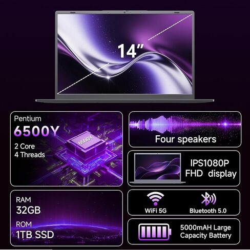 كمبيوتر محمول 32 جيجا بايت رام 1 تيرابايت SSD، معالج بنتيوم ذهبي (يصل إلى 3.4 جيجا هرتز)، شاشة IPS FHD 14 بوصة، 38 وات، USB3.2، Type-C، HDMI، WiFi 5، كمبيوتر محمول Win11، أجهزة كمبيوتر محمولة للأعمال والطلاب in Kuwait