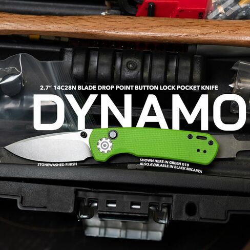 704 Gear Dynamo | EDC Folding Pocket Knife with Ambidextrous Thumb Studs and Button Lock | 2.7" Blade, 14C28N Steel with Stonewash Finish, Reversible Pocket Clip | Lime Green G10 in Saudi Arabia