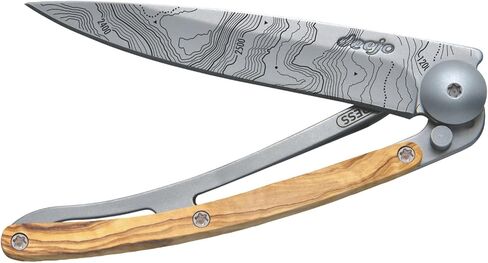 deejo - سكين جيب قابل للطي 27 جرام مع مشبك حزام - تصميم طبوغرافي، شفرة من الفولاذ المقاوم للصدأ مقاس 2.95 بوصة، مقبض من خشب الزيتون - خفيف الوزن للحمل اليومي للمنزل والعمل والاستخدام الخارجي in Kuwait