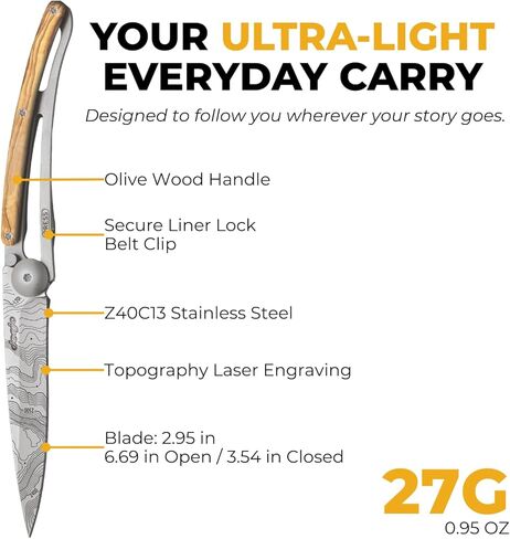 deejo - سكين جيب قابل للطي 27 جرام مع مشبك حزام - تصميم طبوغرافي، شفرة من الفولاذ المقاوم للصدأ مقاس 2.95 بوصة، مقبض من خشب الزيتون - خفيف الوزن للحمل اليومي للمنزل والعمل والاستخدام الخارجي in Kuwait