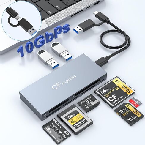 قارئ بطاقات CFexpress من النوع B، USB 3.2 (الجيل 2) محور قارئ CF Express متعدد بسرعة 10 جيجابت في الثانية لقارئ CFexpress Type B/CF/XD/MS/TF/SD، قارئ بطاقات ذاكرة CFexpress من الألومنيوم يقرأ 6 بطاقات و2USB في وقت واحد in Kuwait