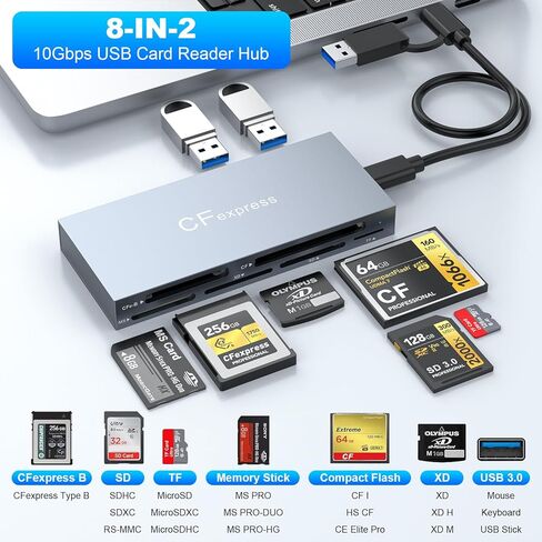 قارئ بطاقات CFexpress من النوع B، USB 3.2 (الجيل 2) محور قارئ CF Express متعدد بسرعة 10 جيجابت في الثانية لقارئ CFexpress Type B/CF/XD/MS/TF/SD، قارئ بطاقات ذاكرة CFexpress من الألومنيوم يقرأ 6 بطاقات و2USB في وقت واحد in Kuwait