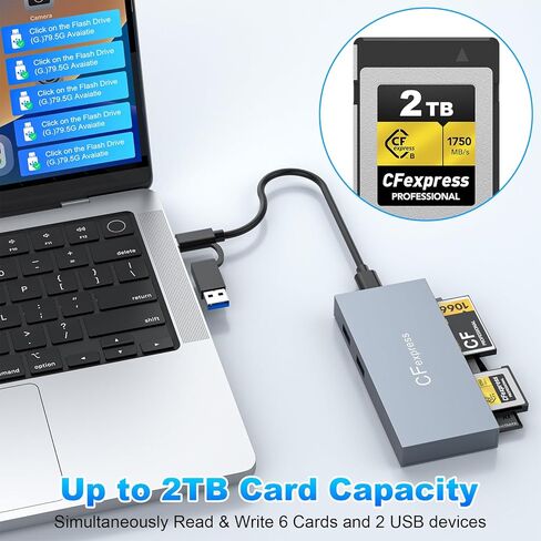قارئ بطاقات CFexpress من النوع B، USB 3.2 (الجيل 2) محور قارئ CF Express متعدد بسرعة 10 جيجابت في الثانية لقارئ CFexpress Type B/CF/XD/MS/TF/SD، قارئ بطاقات ذاكرة CFexpress من الألومنيوم يقرأ 6 بطاقات و2USB في وقت واحد in Kuwait