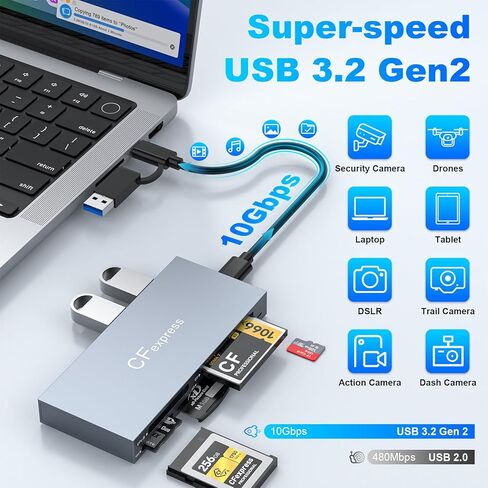 قارئ بطاقات CFexpress من النوع B، USB 3.2 (الجيل 2) محور قارئ CF Express متعدد بسرعة 10 جيجابت في الثانية لقارئ CFexpress Type B/CF/XD/MS/TF/SD، قارئ بطاقات ذاكرة CFexpress من الألومنيوم يقرأ 6 بطاقات و2USB في وقت واحد in Kuwait