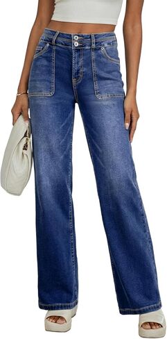 EVALESS Women's Wide Leg Jeans High Waisted Straight Leg Jeans Trendy Stretchy Loose Zimbaplatinum Denim Pants with Pockets in Saudi Arabia