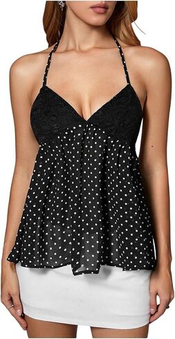 SHENHE Women's Polka Dots Y2k Lace Halter Neck Backless Top Flowy Going Out Babydoll Tank in Saudi Arabia