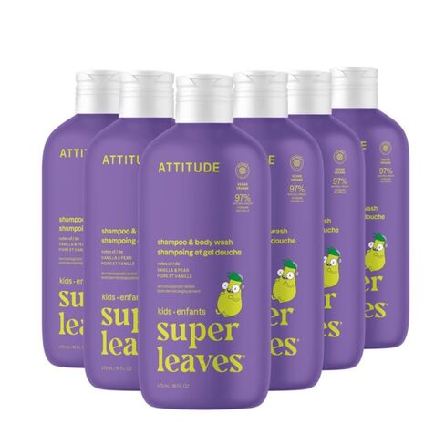ATTITUDE Shampoo and Body Wash for Kids, EWG Verified Hair and Body Cleanser, Dermatologically Tested Soap, Plant and Mineral Based Bath Products, Vegan, Vanilla & Pear, 16 Fl Oz (Pack of 6) in Saudi Arabia