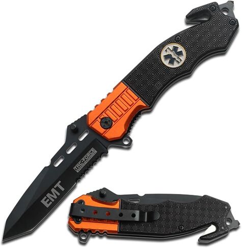 MTECH USA Pocket Folding Knife, 4.5-Inch Blade, Black Half-Serrated, Aluminum Handle with Glass Breaker, Pocket Clip, EDC (Orange) in Saudi Arabia