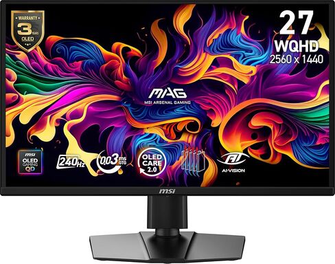 شاشة ألعاب msi MAG 272QP QD-OLED X24 مقاس 27 بوصة 2560 × 1440 (QHD)، 240 هرتز، مزامنة تكيفية، HDMI، منفذ DisplayPort، قابل للتركيب على VESA، إمالة، ارتفاع قابل للتعديل، مكبر صوت، 0.03 مللي ثانية، أسود in Saudi Arabia