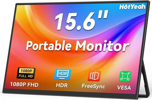 شاشة HotYeah المحمولة، شاشة كمبيوتر محمول 15.6 بوصة 1080 بكسل FHD USB-C HDMI شاشة كمبيوتر خارجية HDR FreeSync IPS مع مسند ومكبر صوت، شاشة ثانية لأجهزة الكمبيوتر المحمول PC Mac Phone Tablet Switch PS5 Xbox in Kuwait