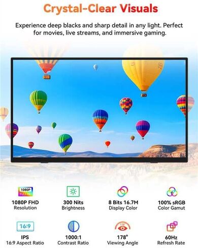شاشة HotYeah المحمولة، شاشة كمبيوتر محمول 15.6 بوصة 1080 بكسل FHD USB-C HDMI شاشة كمبيوتر خارجية HDR FreeSync IPS مع مسند ومكبر صوت، شاشة ثانية لأجهزة الكمبيوتر المحمول PC Mac Phone Tablet Switch PS5 Xbox in Kuwait