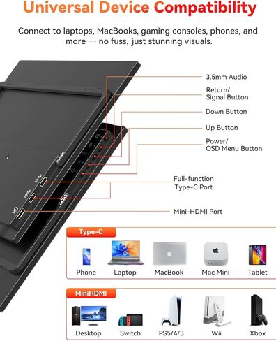 شاشة HotYeah المحمولة، شاشة كمبيوتر محمول 15.6 بوصة 1080 بكسل FHD USB-C HDMI شاشة كمبيوتر خارجية HDR FreeSync IPS مع مسند ومكبر صوت، شاشة ثانية لأجهزة الكمبيوتر المحمول PC Mac Phone Tablet Switch PS5 Xbox in Kuwait