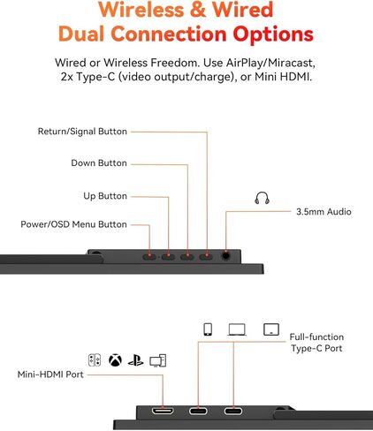 شاشة محمولة لاسلكية مقاس 16 بوصة 2.5K تعمل بالبطارية، تدعم AirPlay Miracast، شاشة خارجية 2560×1600P IPS USB-C HDMI، شاشة ثانية لأجهزة الكمبيوتر المحمول MacBook PC والكمبيوتر اللوحي، مع بطارية مدمجة (4 - 5 ساعات) in Kuwait
