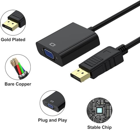 محول DisplayPort إلى VGA 1080P، محول DP إلى VGA أحادي الاتجاه مطلي بالذهب (ذكر إلى أنثى) متوافق مع الكمبيوتر، سطح المكتب، الكمبيوتر المحمول، الكمبيوتر الشخصي، الشاشة، جهاز العرض، HDTV، Lenovo، Dell، HP، ASUS in Kuwait