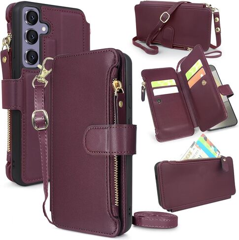 Lacass Crossbody Wallet Case for Galaxy S24+ Plus,[Cards Theft Scan Protection] Card Holder Zipper Flip Leather Cover Wrist Strap Stand for Samsung Galaxy S24+ Plus(Wine Red) in Kuwait