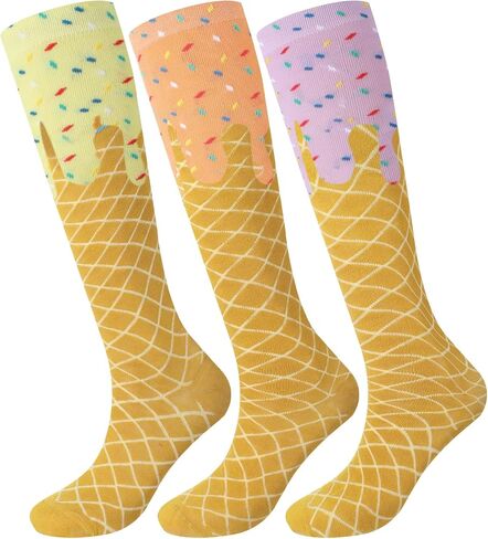 3 Pairs Ice Cream Knee High Socks for Women Girl Funny Novelty Ice Cream Gift Christmas Stocking Holiday Party Favor in Saudi Arabia