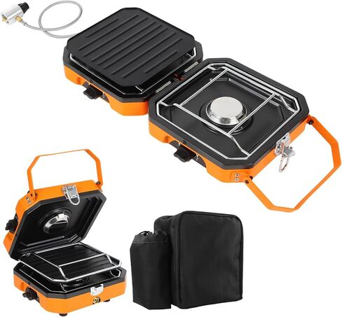 2 Burner Camping Stove with Carrying Bag, 16000 BTU Portable Propane Stove for Camping, Foldable camping stove with two side shelves and adjustable burners for outdoor barbecues and picnics, Orange in Saudi Arabia