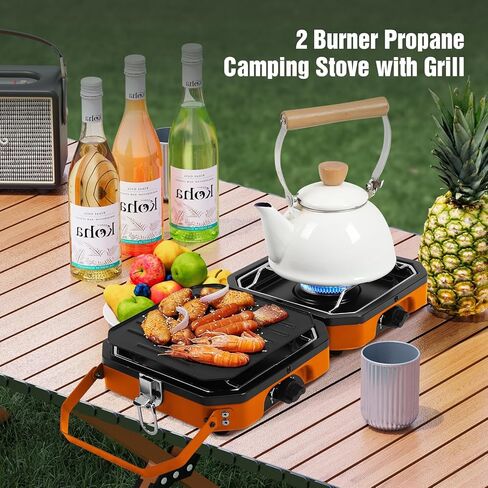 2 Burner Camping Stove with Carrying Bag, 16000 BTU Portable Propane Stove for Camping, Foldable camping stove with two side shelves and adjustable burners for outdoor barbecues and picnics, Orange in Saudi Arabia