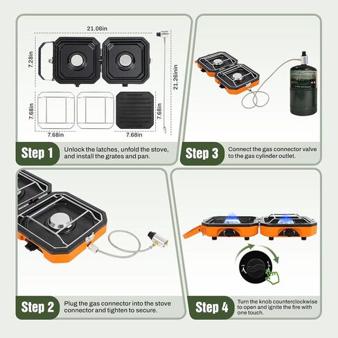 2 Burner Camping Stove with Carrying Bag, 16000 BTU Portable Propane Stove for Camping, Foldable camping stove with two side shelves and adjustable burners for outdoor barbecues and picnics, Orange in Saudi Arabia