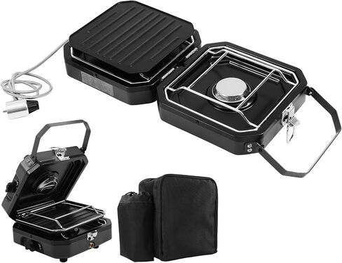 2 Burner Camping Stove with Carrying Bag, 16000 BTU Portable Propane Stove for Camping, Foldable camping stove with two side shelves and adjustable burners for outdoor barbecues and picnics, Orange in Kuwait