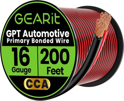 سلك GEARit ذو 12 مقياس (200 قدم - أسود/أحمر) سلك GPT الأساسي للسيارات - 2 موصل CCA لصوت السيارة، ومكبر الصوت، وحزام المقطورة، والكهرباء - 200 قدم إجمالي 12ga awg in Kuwait