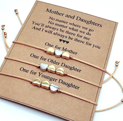 Mother Daughter Bracelet Set – 3 Matching Cord Bracelets with Heart Charms & Gift Card – Sentimental Gift for Mom and Two Daughters, Mother’s Day or Birthday in Saudi Arabia