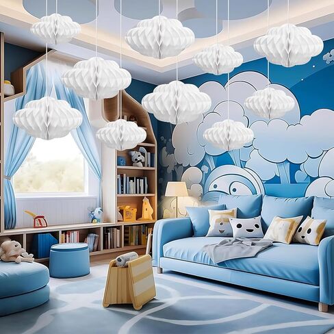 Honeycomb Cloud Decor, 3D Paper Cloud Wall Hanging for Classroom Nursery Decor Ornaments, Baby Shower Birthday Party Ceiling Decorations, Blue White Sky Theme Kids Room Art in Saudi Arabia