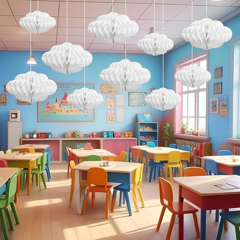 Honeycomb Cloud Decor, 3D Paper Cloud Wall Hanging for Classroom Nursery Decor Ornaments, Baby Shower Birthday Party Ceiling Decorations, Blue White Sky Theme Kids Room Art in Saudi Arabia