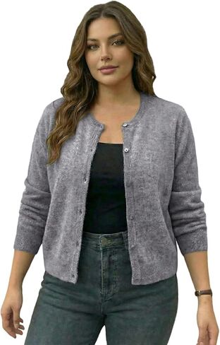 GORGLITTER Women's Plus Size Button Up Sweater Cardigans Fuzzy Crewneck Long Sleeve Knitwear in Saudi Arabia