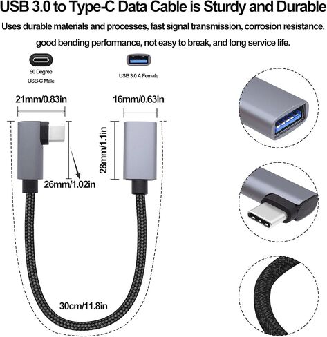 USB3.0 to Type-C OTG Adapter Cable 5GB Right Angled USB C Male to USB A Female Charge Data Transfer Connector Cable for Phone Laptop Tablet -30CM/1FT, 2 Pack (Left/Right Angle) in Kuwait