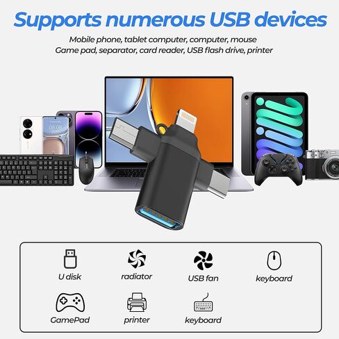 Lightning Micro USB C to USB Adapter (3 in 1) Cable for Apple Female Type C for iPhone 17 16 15 14 MacBook OTG Converter Thunderbolt for Ipad 3.0 Port Camera Splitter multiport Compatible for Samsung in Saudi Arabia