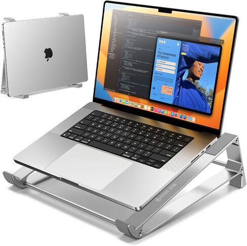 MAGIC JOHN Laptop Stand for Desk, Storage Laptop Riser Portable, Aluminum Ergnomic Computer Stand with Silicone Pads,Cooling & Laptop Holder, Compatible with MacBook Air Pro, HP, Dell, (10-17 Inch) in Saudi Arabia