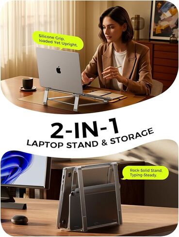MAGIC JOHN Laptop Stand for Desk, Storage Laptop Riser Portable, Aluminum Ergnomic Computer Stand with Silicone Pads,Cooling & Laptop Holder, Compatible with MacBook Air Pro, HP, Dell, (10-17 Inch) in Saudi Arabia