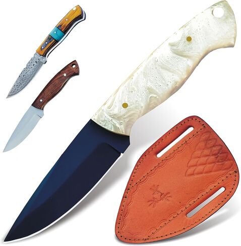 Handmade 8" Damascus Steel Bull Cutter with Full Tang Design, Wooden Handle, and Belt Sheath — EDC Fixed Blade for Camping & Skinning in Saudi Arabia